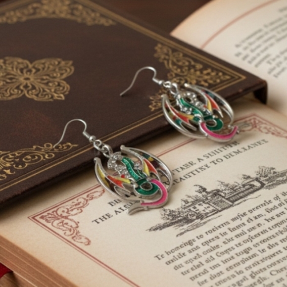 Dragon Dangle Earrings, Enamel Alloy Earrings, 3.3 cm. - Picture 6 of 8